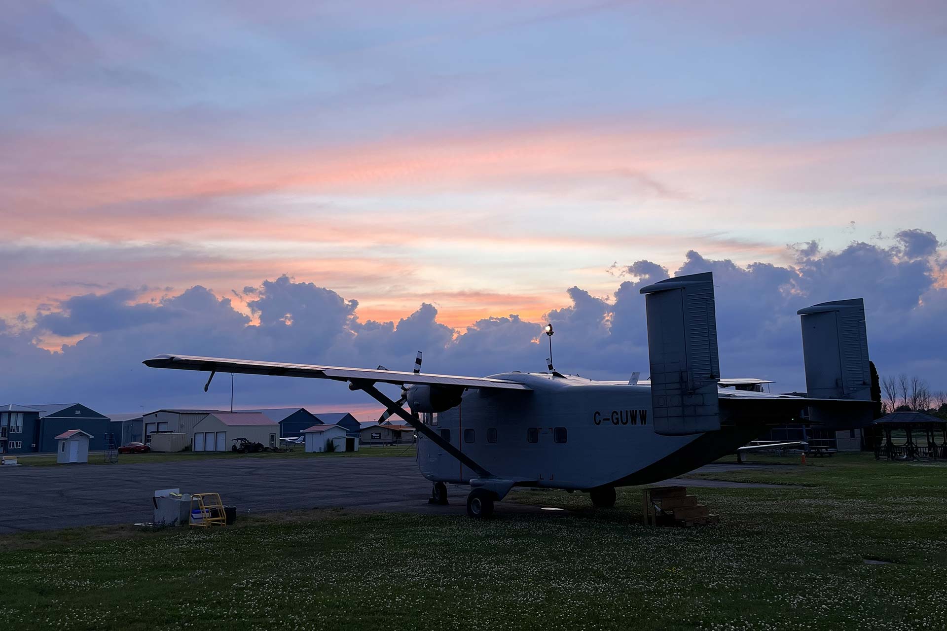 Shorts Skyvan aircraft at sunset on the tarmac at Parachute Ottawa in Canada